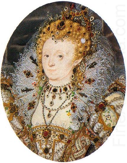 Portrait miniature of Elizabeth I of England with a crescent moon jewel in her hair, Nicholas Hilliard